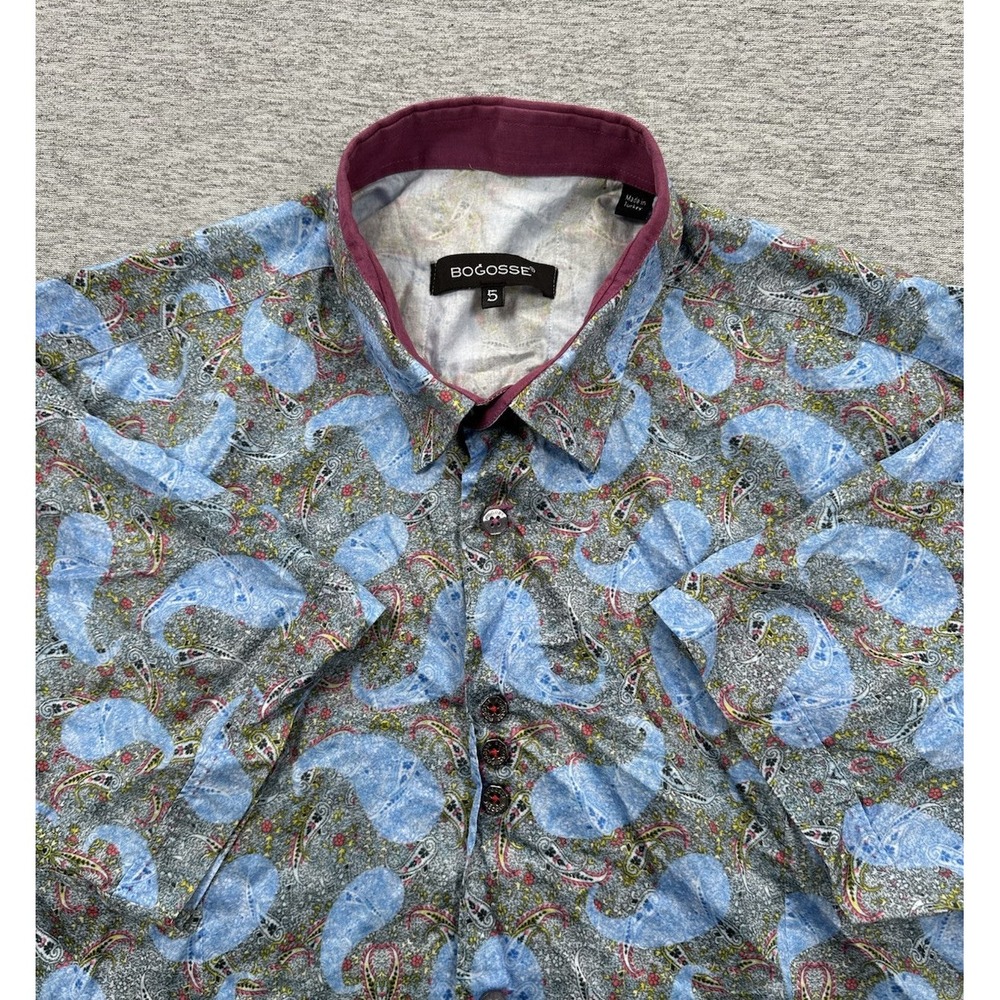 Bogosse Shirt Mens 5 / XL Blue Paisley Short Sleeve Button Down Designer Preppy